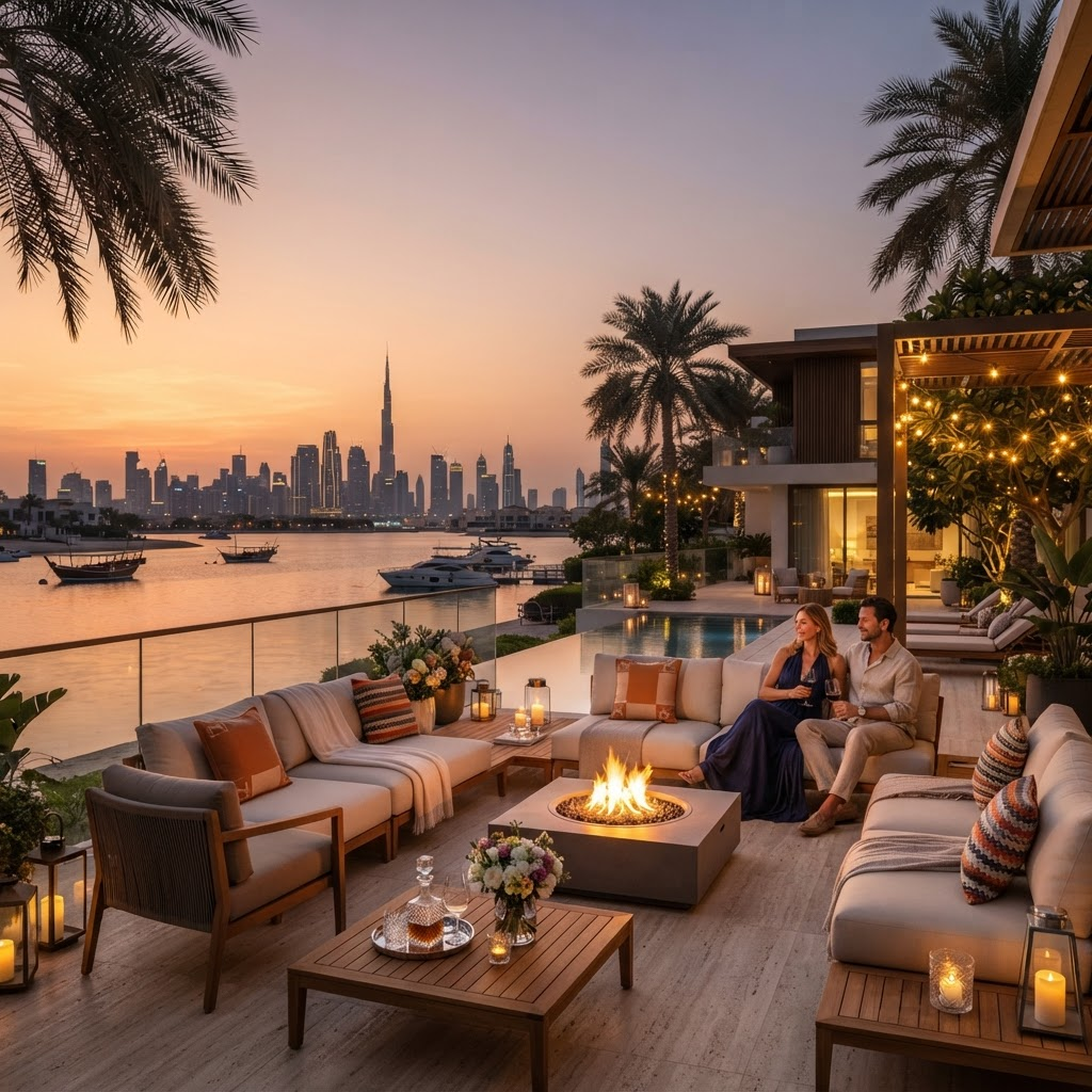 Villa terrace overlooking the lagoon at sunset