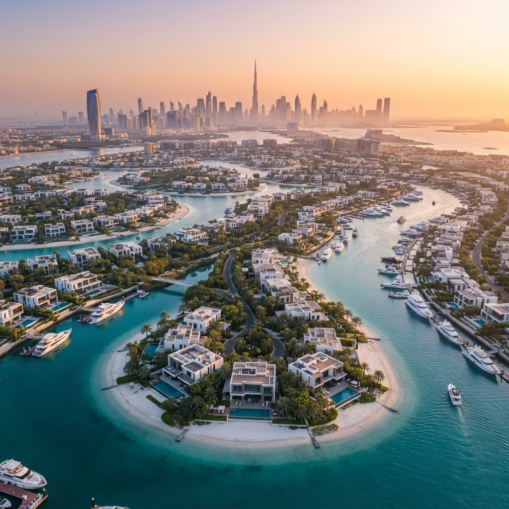 Aerial view of DAMAC Islands waterfront villas and crystal lagoons at golden hour